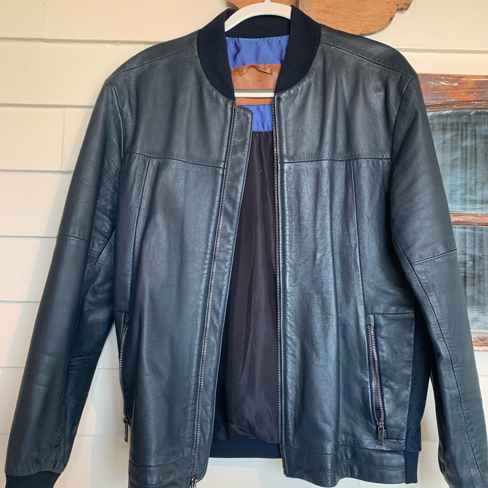 Men's M slim fit Arturo Calle Blue Leather bomber Jacket